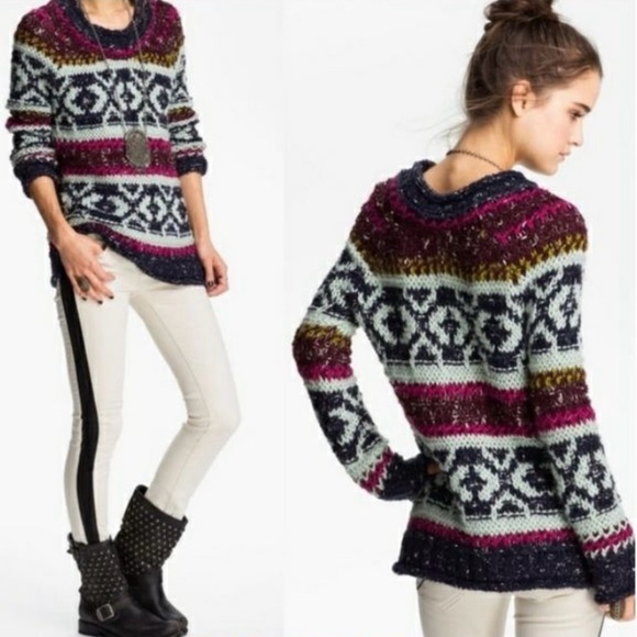 FREE PEOPLE Silver Reed Chunky Knit Sweater Fair Isle Wool Blend Size XS - Picture 5 of 8